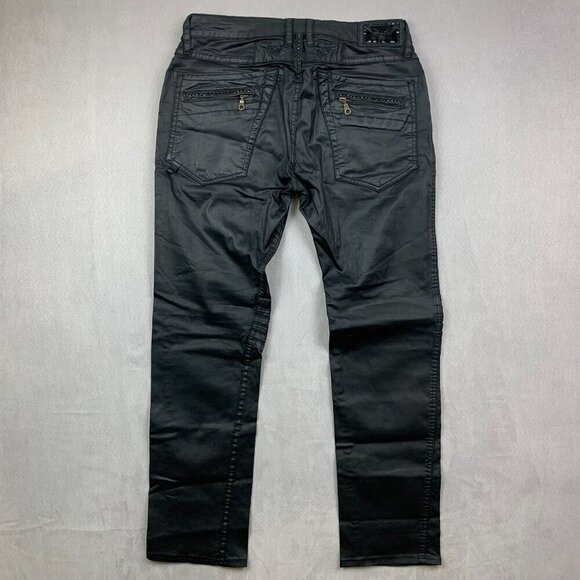 Robins Jean Men Pants 32x30 Black Studded Jeans Slim Fake Leather Motard Biker - Picture 12 of 16